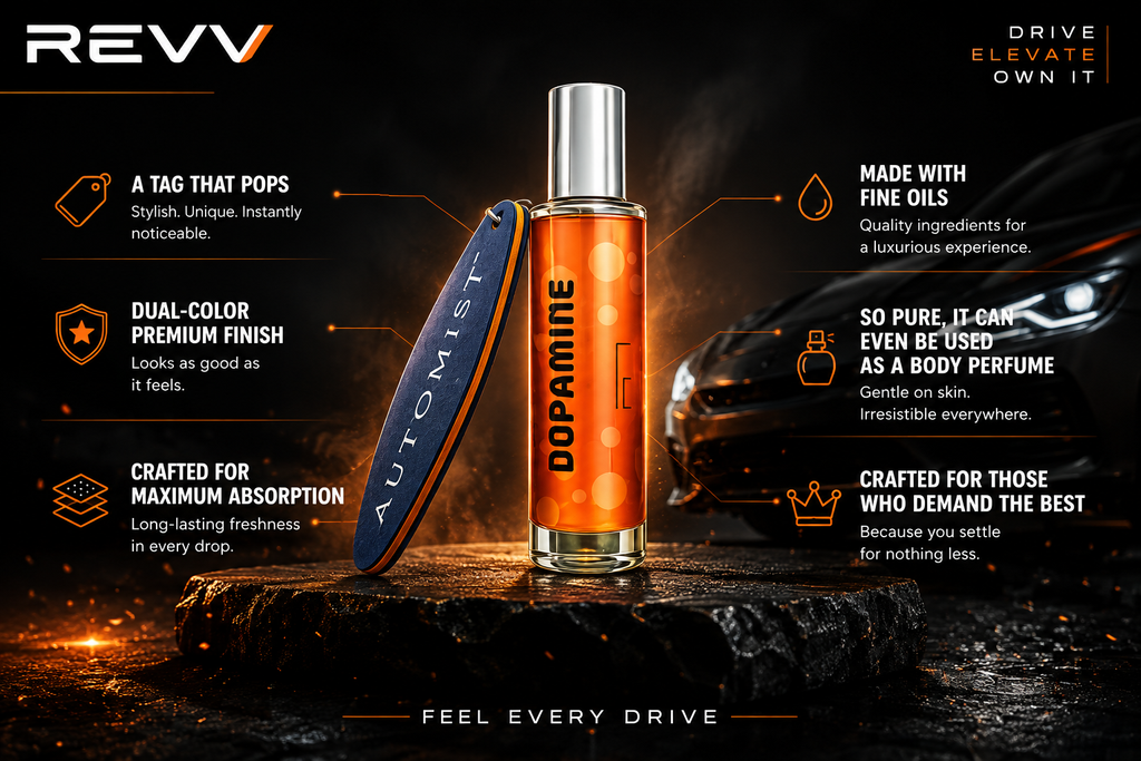 AUTOMIST Dopamine Premium Car Perfume – Oud & Rose Fragrance | 30ml Long-Lasting Car Air Freshener Spray with Hanging Card | Luxury Car Interior Accessory