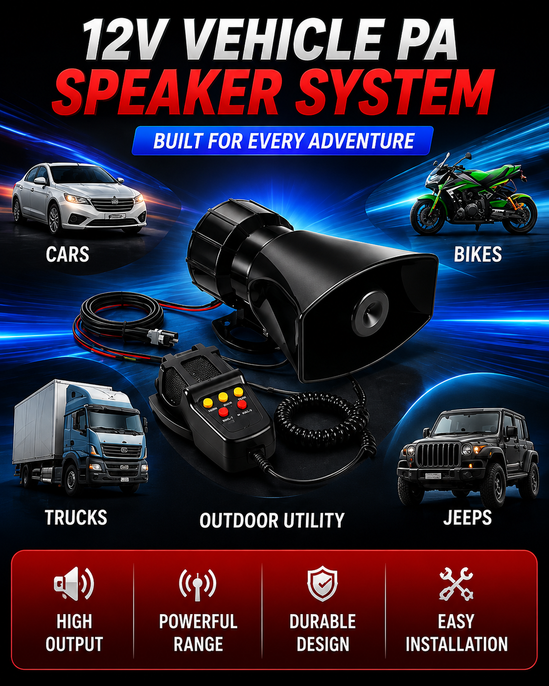 12V PA Hooter Speaker System – Powerful Sound, Built for the Road