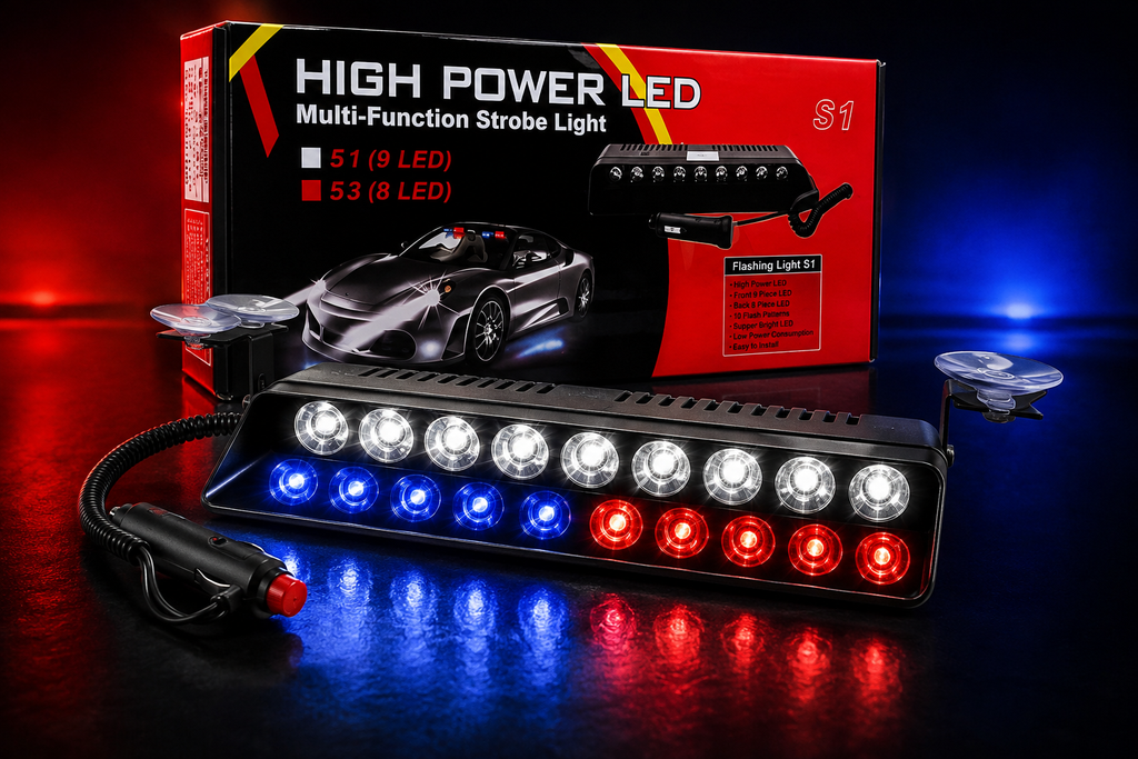 revv 12V LED Emergency Flasher Light Bar – Red, Blue & White Warning Strobe Light for Cars, SUVs, Jeeps & Trucks