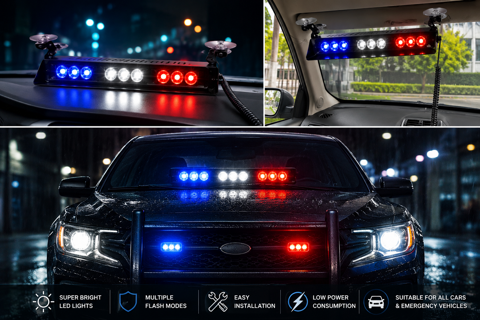 revv 12V LED Emergency Flasher Light Bar – Red, Blue & White Warning Strobe Light for Cars, SUVs, Jeeps & Trucks