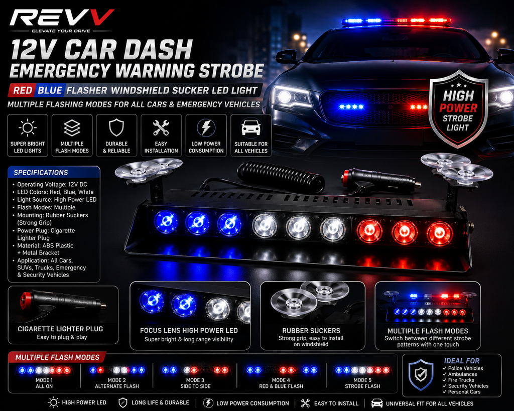 revv 12V LED Emergency Flasher Light Bar – Red, Blue & White Warning Strobe Light for Cars, SUVs, Jeeps & Trucks