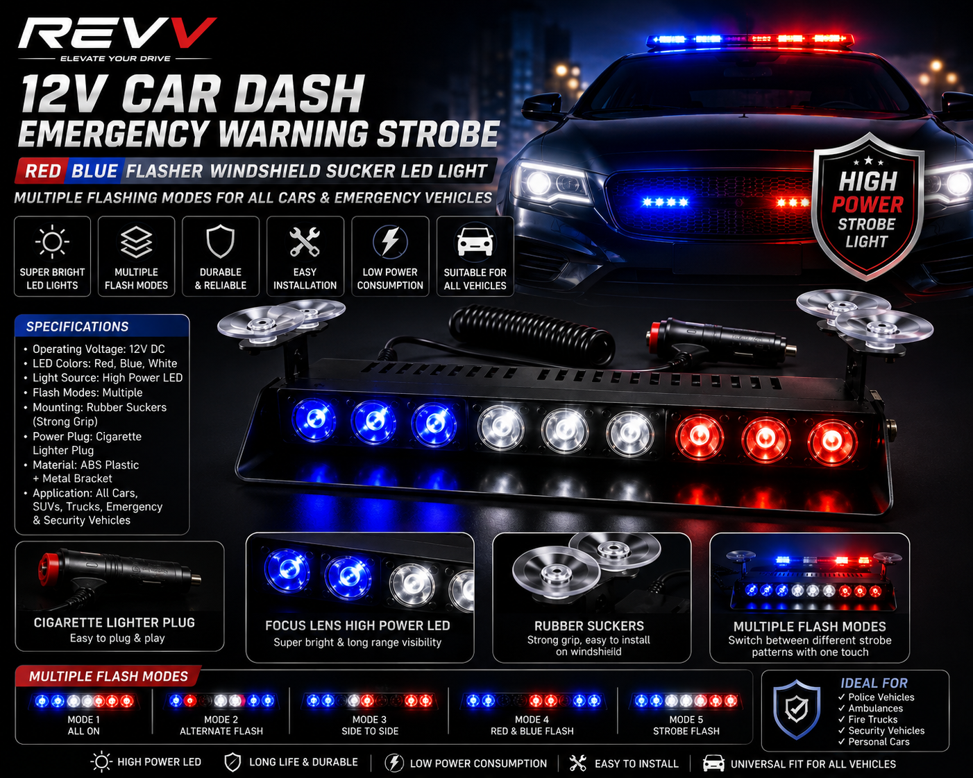 revv 12V LED Emergency Flasher Light Bar – Red, Blue & White Warning Strobe Light for Cars, SUVs, Jeeps & Trucks