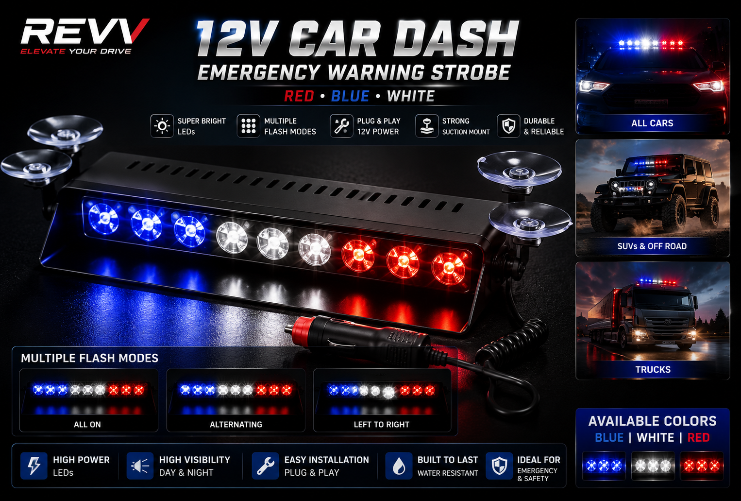revv 12V LED Emergency Flasher Light Bar – Red, Blue & White Warning Strobe Light for Cars, SUVs, Jeeps & Trucks