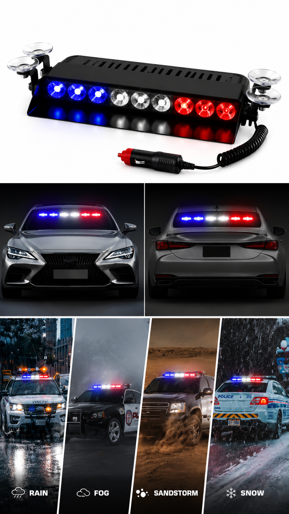 revv 12V LED Emergency Flasher Light Bar – Red, Blue & White Warning Strobe Light for Cars, SUVs, Jeeps & Trucks
