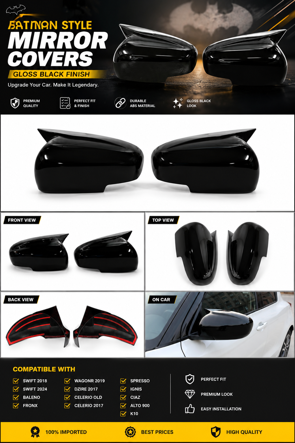 Revv Batman Style Gloss Black Car Side Mirror Covers – Sporty Premium Design, Set of 2